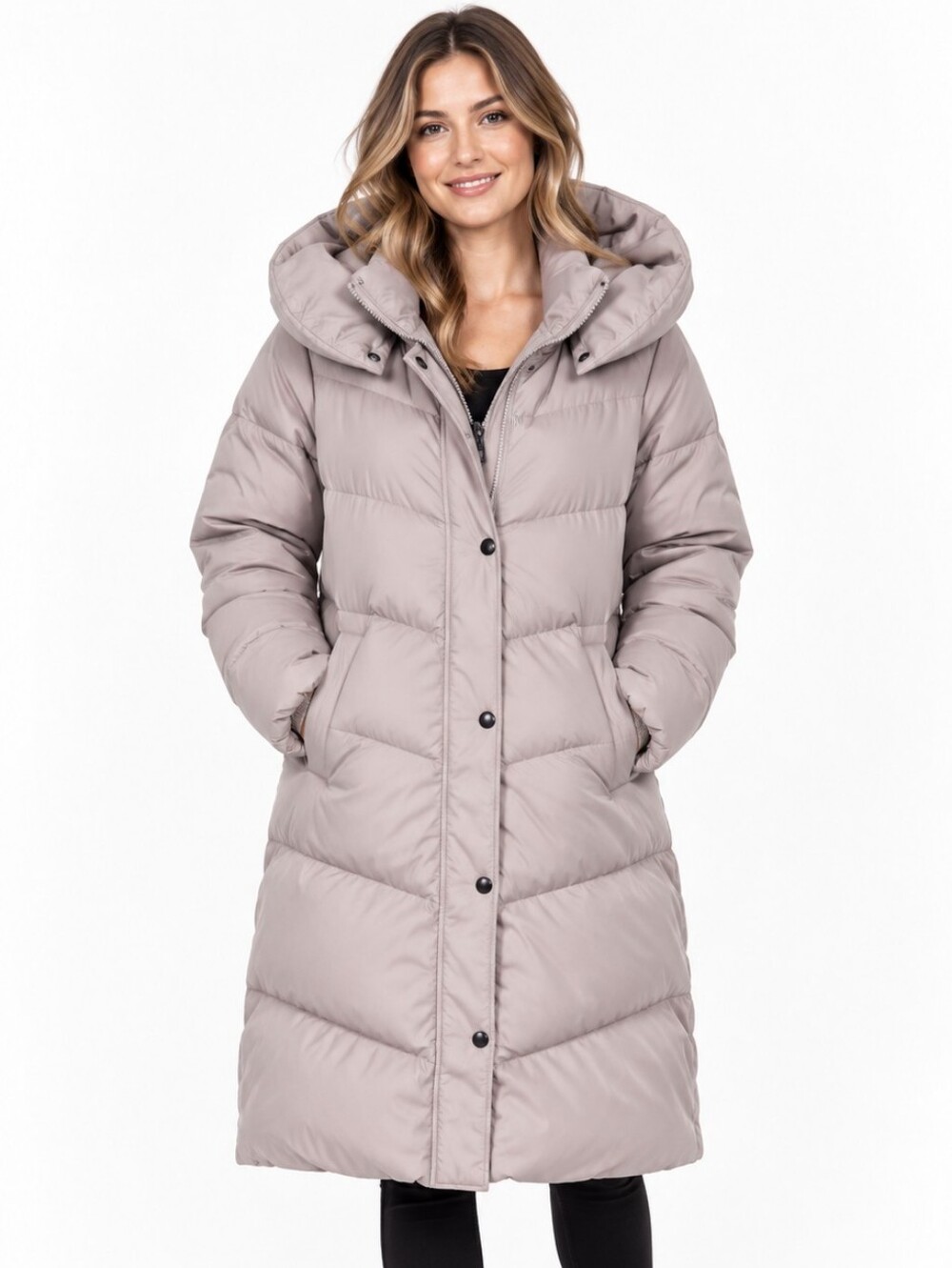Lauren Ralph Lauren Pillow Hood Longline Down & Feather Jacket Tan Black Coat